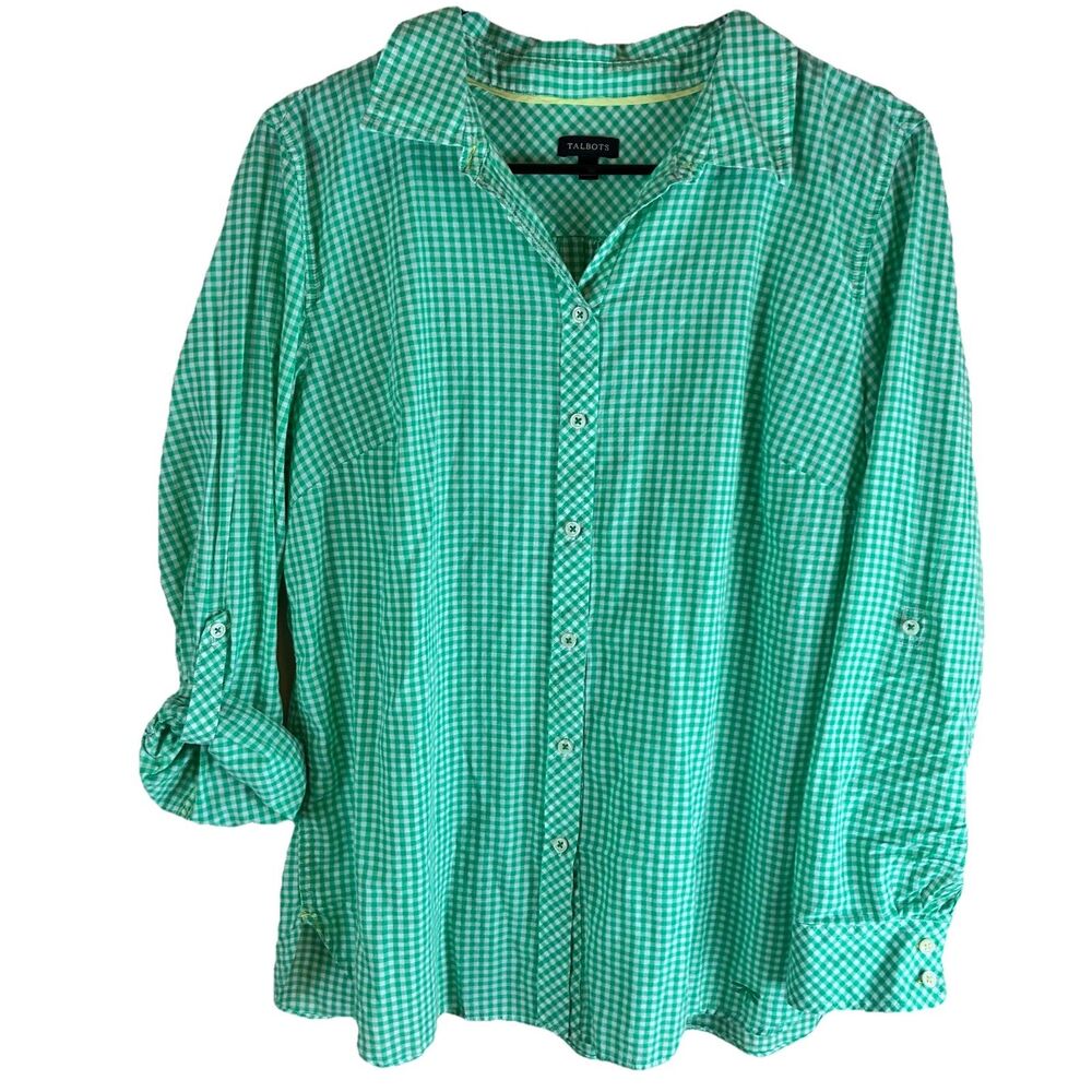 Talbots Women’s Green Gingham Check Button Down Roll Tab Sleeve Shirt Size Large
